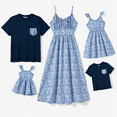 thumbnail image 1 of PatPat Ensembles Assortis pour la Famille : Robe à Petites Fleurs à Encolure Fendue, Buste Froncé, Bretelles et T-Shirt Bleu Marine, 1 of 6