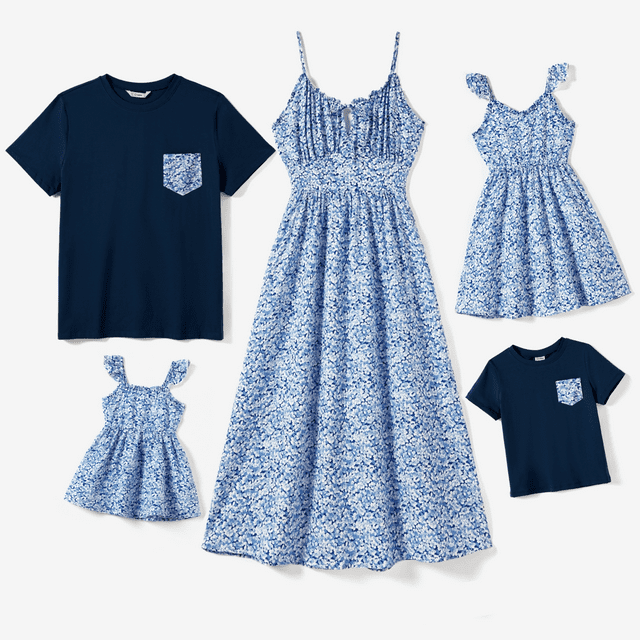 PatPat Ensembles Assortis pour la Famille : Robe à Petites Fleurs à Encolure Fendue, Buste Froncé, Bretelles et T-Shirt Bleu Marine