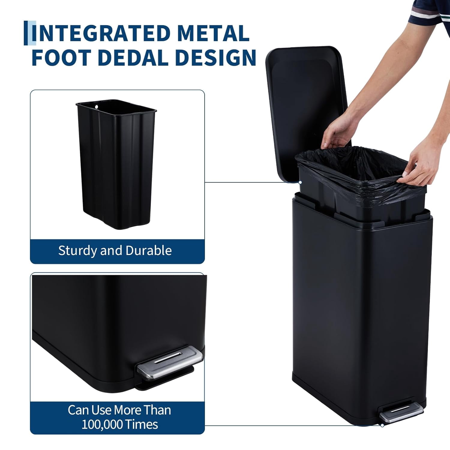 13 Gallon Kitchen Trash Can, Stainless Steel Step Garbage Bin with Soft-Close Lid & Removable Bucket, Fingerprint Proof, Slim for Narrow Spaces, Bathroom or Office (Black+Silver, 13 Gallon)