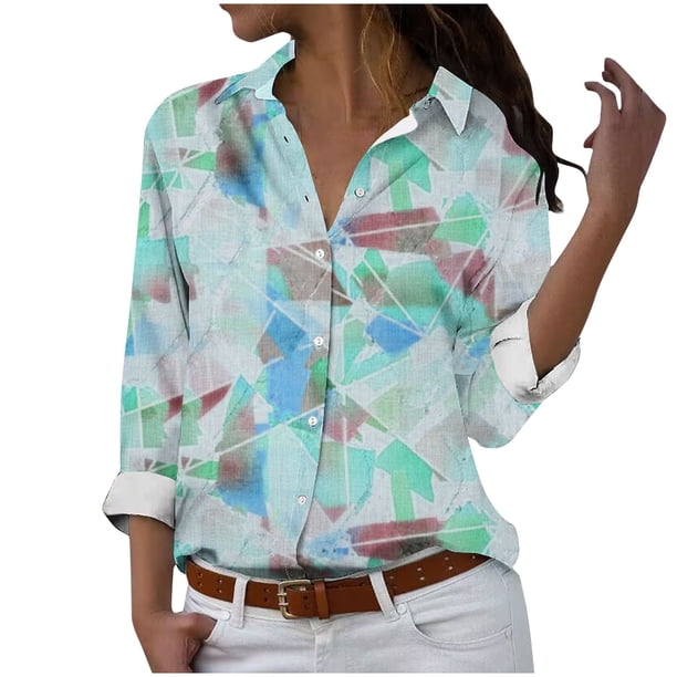 Camisetas de Mujer Casual, Manga Larga Impresa Solapa Botón Arriba Blusa, Ajuste Regular Poliéster Superior