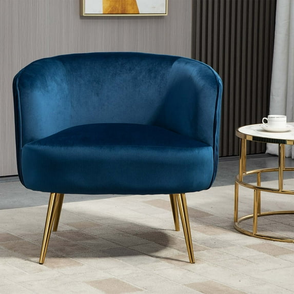 Velvet Accent Barrel Chair, Modern Upholstered Armchair Lounge Chair, Vanity Chair Reading Chair with Tufted Back and Golden Legs, for Living Room Bedroom Reading Room, Easy Assembly, Blue