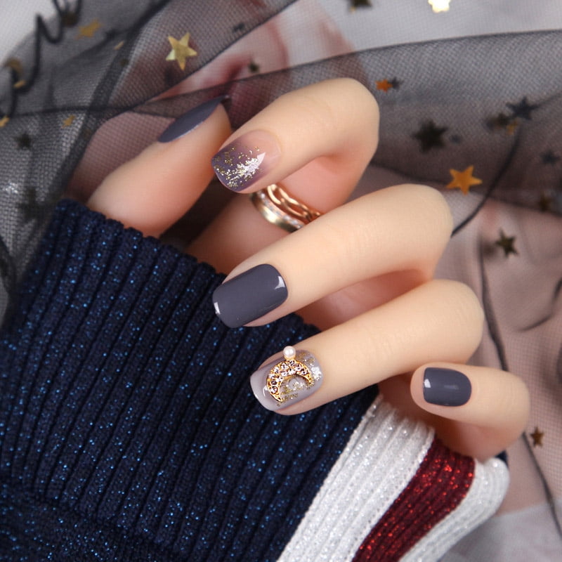 24Pcs Popular Cute Grey Pink Fake Nails Candy Nails Tips Moon Style