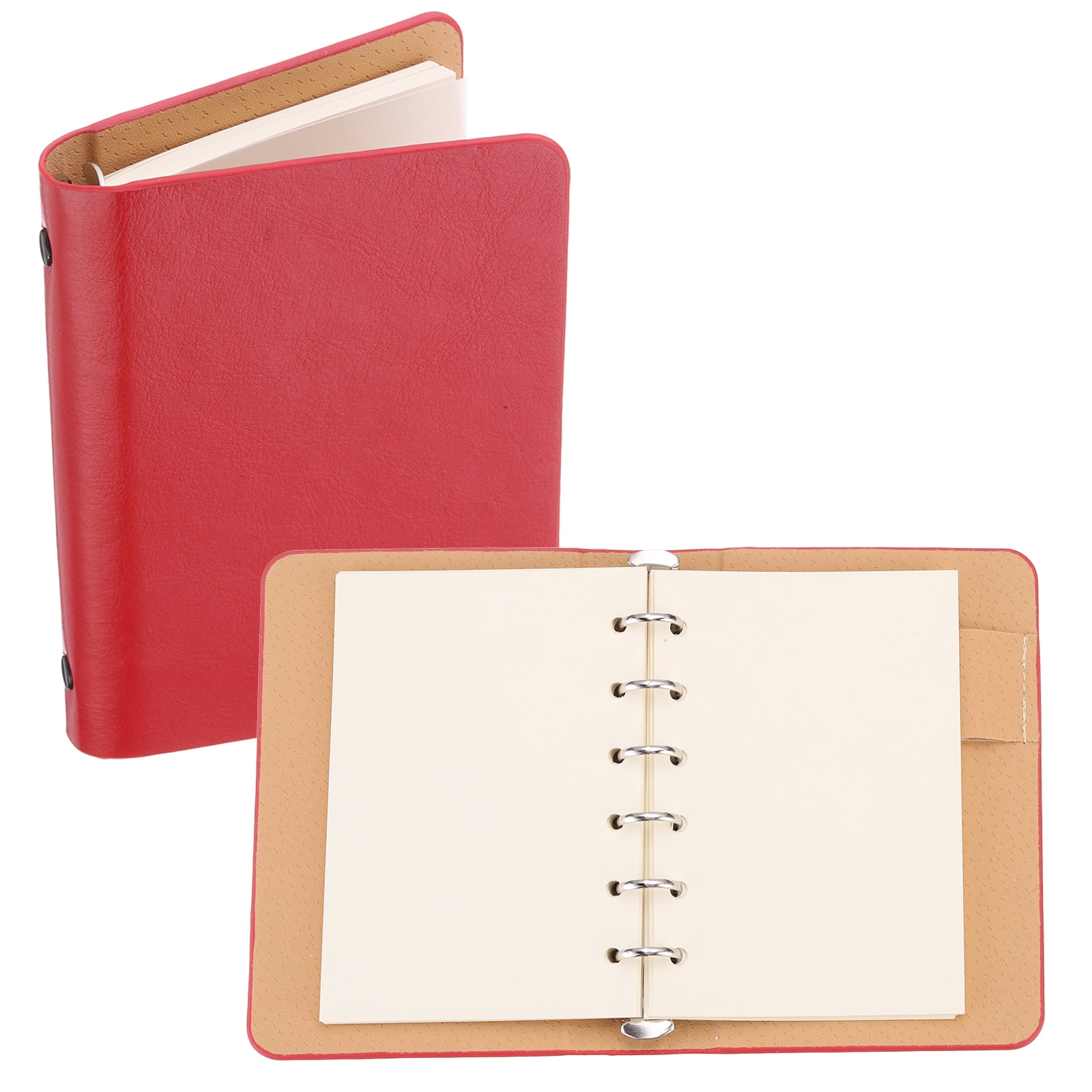 REGALWOVEN 6 Ring Binder Cover, A7 Leather Notebook Binder Loose Leaf Planner with 50 Sheets Paper, Red