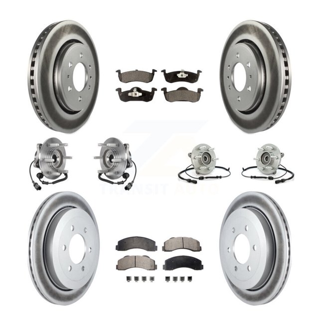 Transit Auto Front Rear Hub Bearings Assembly Coated Disc Brake Rotors and Ceramic Pads Kit (10Pc) for Car 2010 Ford Expedition Lincoln Navigator 4WD - Left Right Side (Driver Passenger) KBB-126216