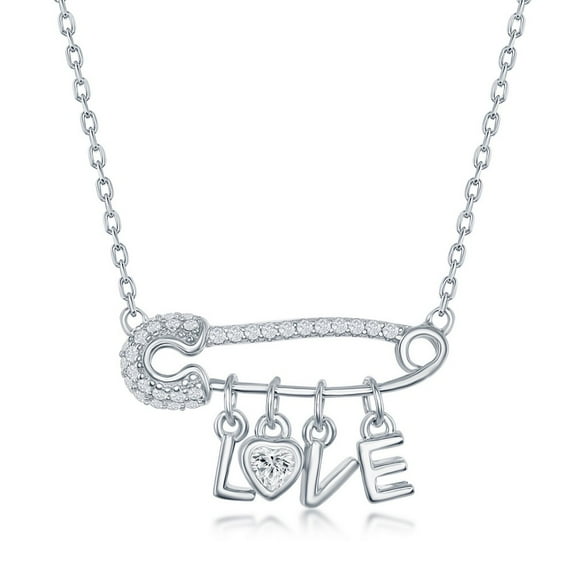 TheJewelryHut Fancy Designer Sterling Silver CZ Safety Pin 'LOVE' Necklace