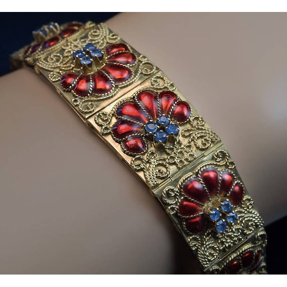Vintage Filigree Gold, Enamel, Sapphire Bracelet