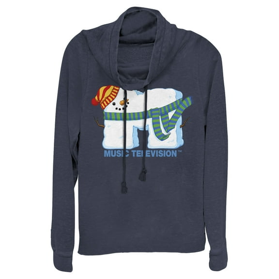 Junior's MTV Christmas Snowman Logo Cowl Neck Sweatshirt Navy Blue Large