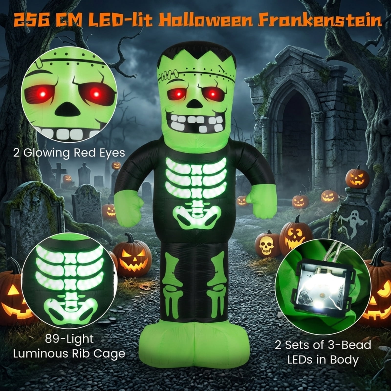 RUIE 8.4 FT Halloween Inflatable Frankenstein, Blow Up LED Lighted Frankenstein Yard Decoration with Stakes for Outdoor Lawn Garden Party