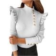 thumbnail image 1 of cfhntfmh Lounge Tops for Women Trendy High Neck Ruffle Long Sleeve Fall Slim Shirts Ribbed Front Buttons Trim Undershirts, 1 of 7