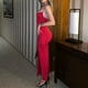 thumbnail image 5 of Vestido Vestido de tirantes de espagueti Color sólido Vestido largo ajustado para mujer Cuello cuadrado Lado Ygjytge Rojo T L para Mujer, 5 of 7