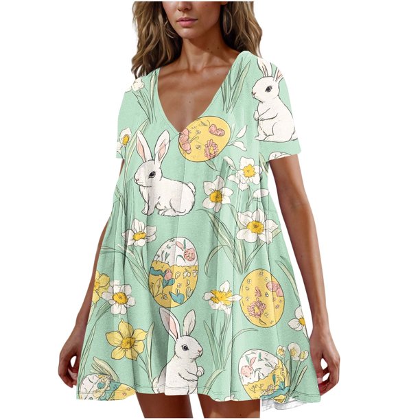Sexy Vestido Corto Estampado de Pascua Vestido Suelto de Manga Corta de Cuello en V de Moda, Fibra de Poliéster
