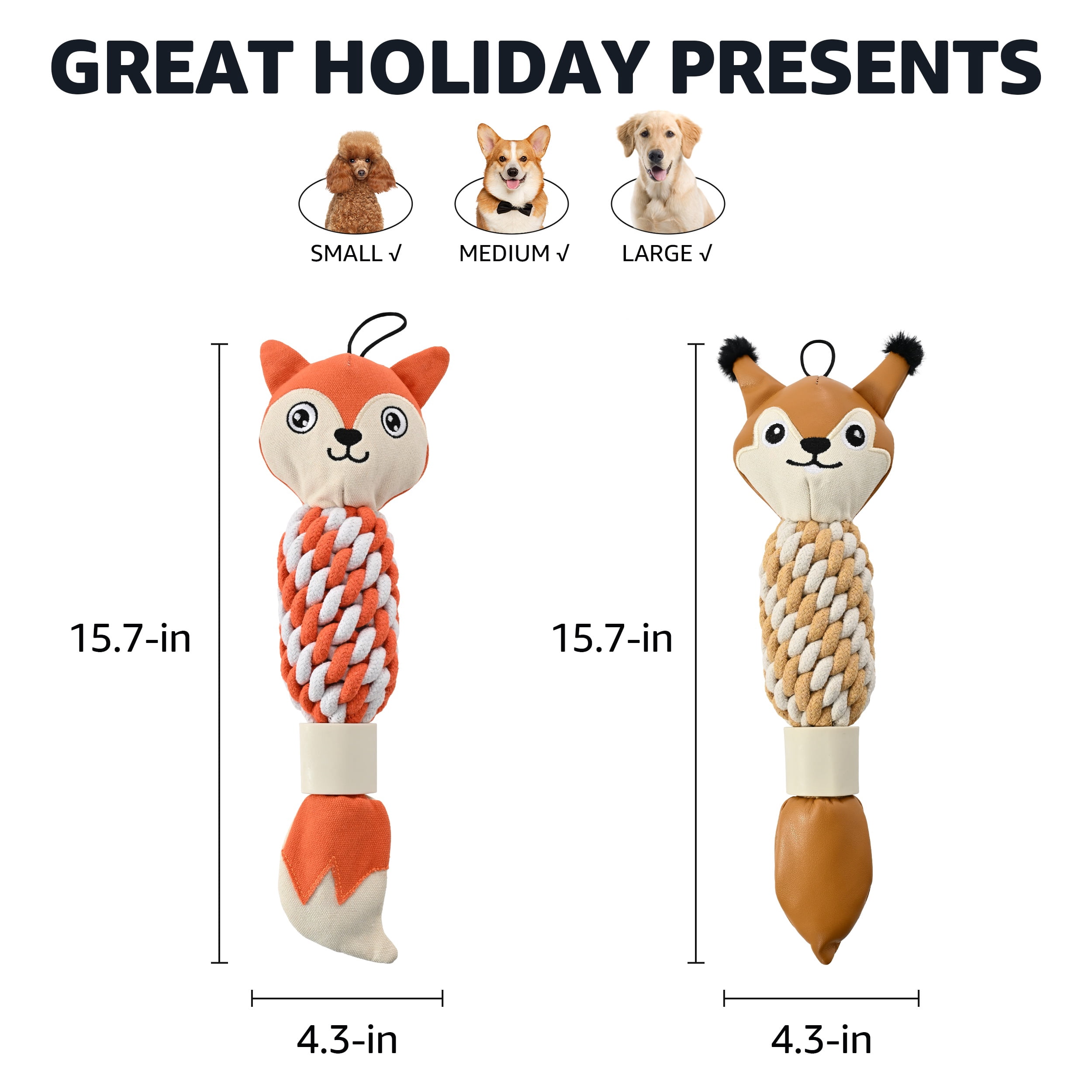 Max & Marlow Dog Chew Toys, Cotton Rope Fox Toys with Built-in Large Squeaker and Nylon Bone, 2 Pack