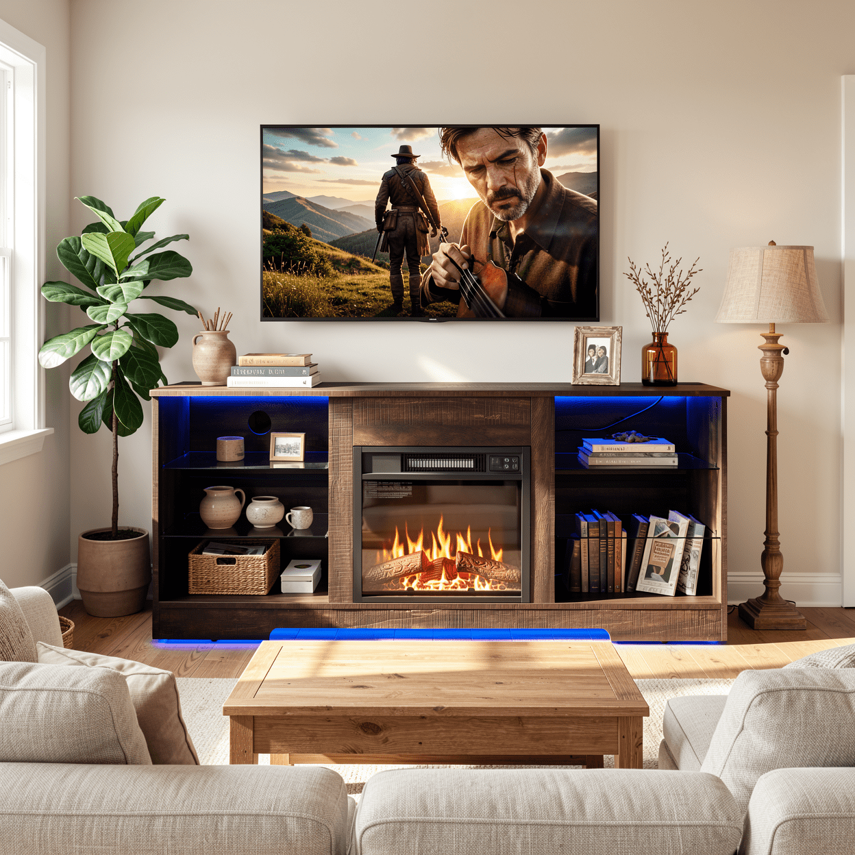 Homy Casa 58 Inch Electric Fireplace TV Stand for 65 Inch TV with Storage Cabinets, LED Flame and Power Outlets