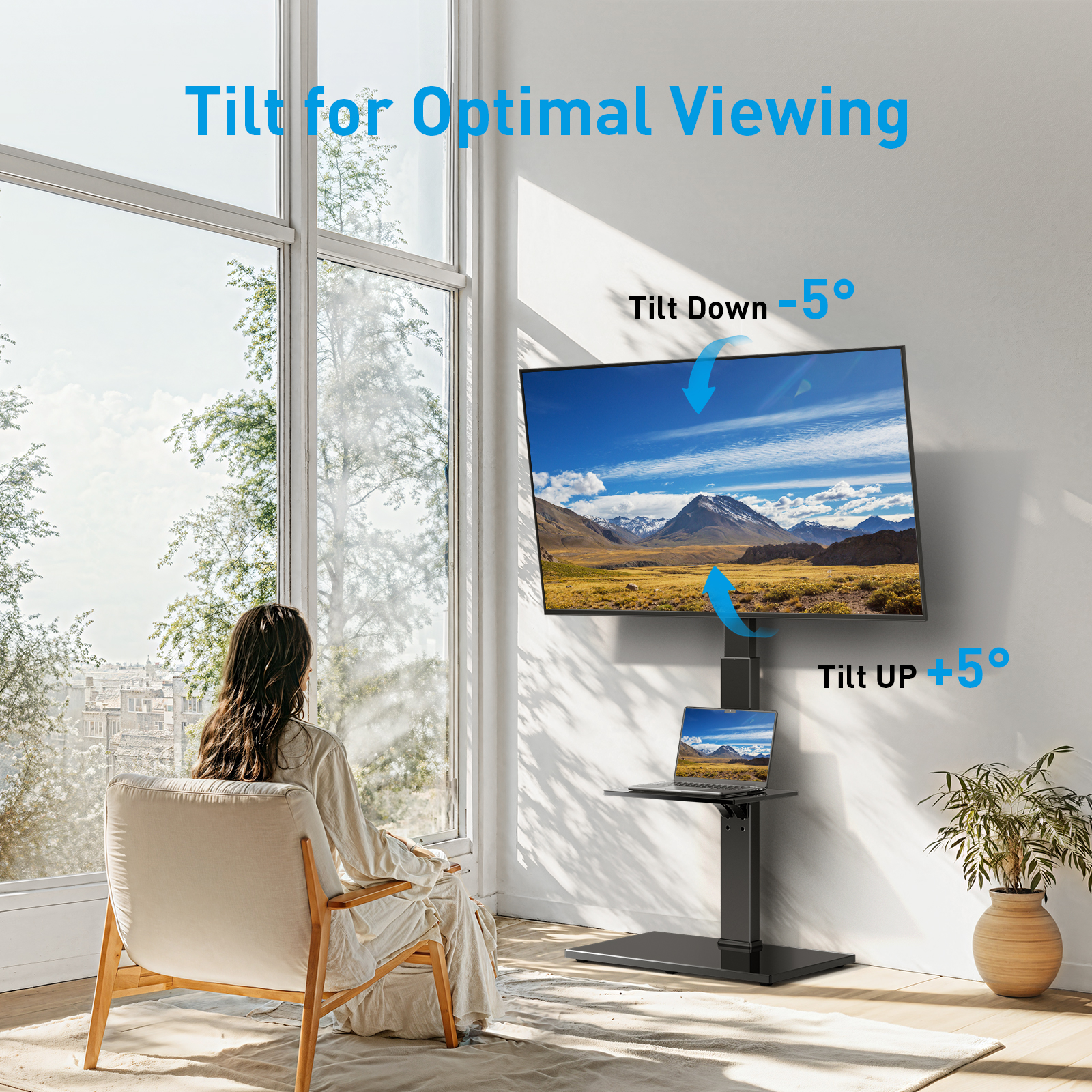 MountFTV Swivel Floor TV Stand with 8-Level Height Adjustment and Tilt for 30-75 inch TVs, Tall TV Stand with Mount Holds up to 110 lbs on Tempered Glass Base, Max 600x400mm