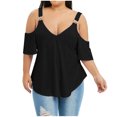 thumbnail image 1 of Inkach Women V-Neck Solid Large Metal Buckle Off-Shoulder Short Sleeve Blouse Tank Top, 1 of 6