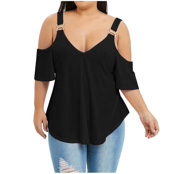 Inkach Women V-Neck Solid Large Metal Buckle Off-Shoulder Short Sleeve Blouse Tank Top
