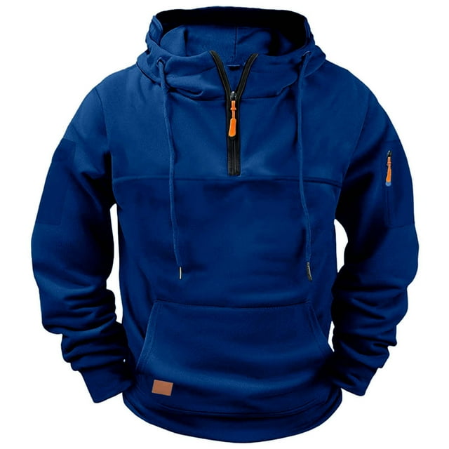 Ceisia Men's Fleece-Lined Half-Zip Hooded Sweatshirt with Multi-Pockets for Casual & Work Wear Blue XXL Gifts