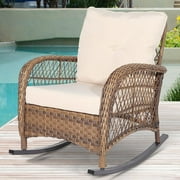 SOCIALCOMFY Outdoor Wicker Rocking Chair, Patio Rattan Rocker Chair with Steel Frame, Rocking Lawn Chair Patio Furniture, Light Brown Wicker & Beige Cushions