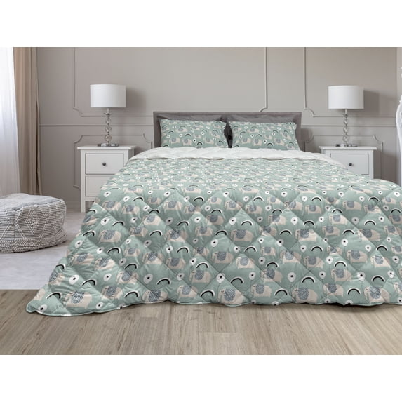 Animal Comforter & Sham Bedding Set, Cartoon Mammal Animals with Balloons Wrapped Around Their Trunks, 3 pcs Duvet Set Microfiber Filling Quilt, 5 Sizes, Multicolor, by Ambesonne
