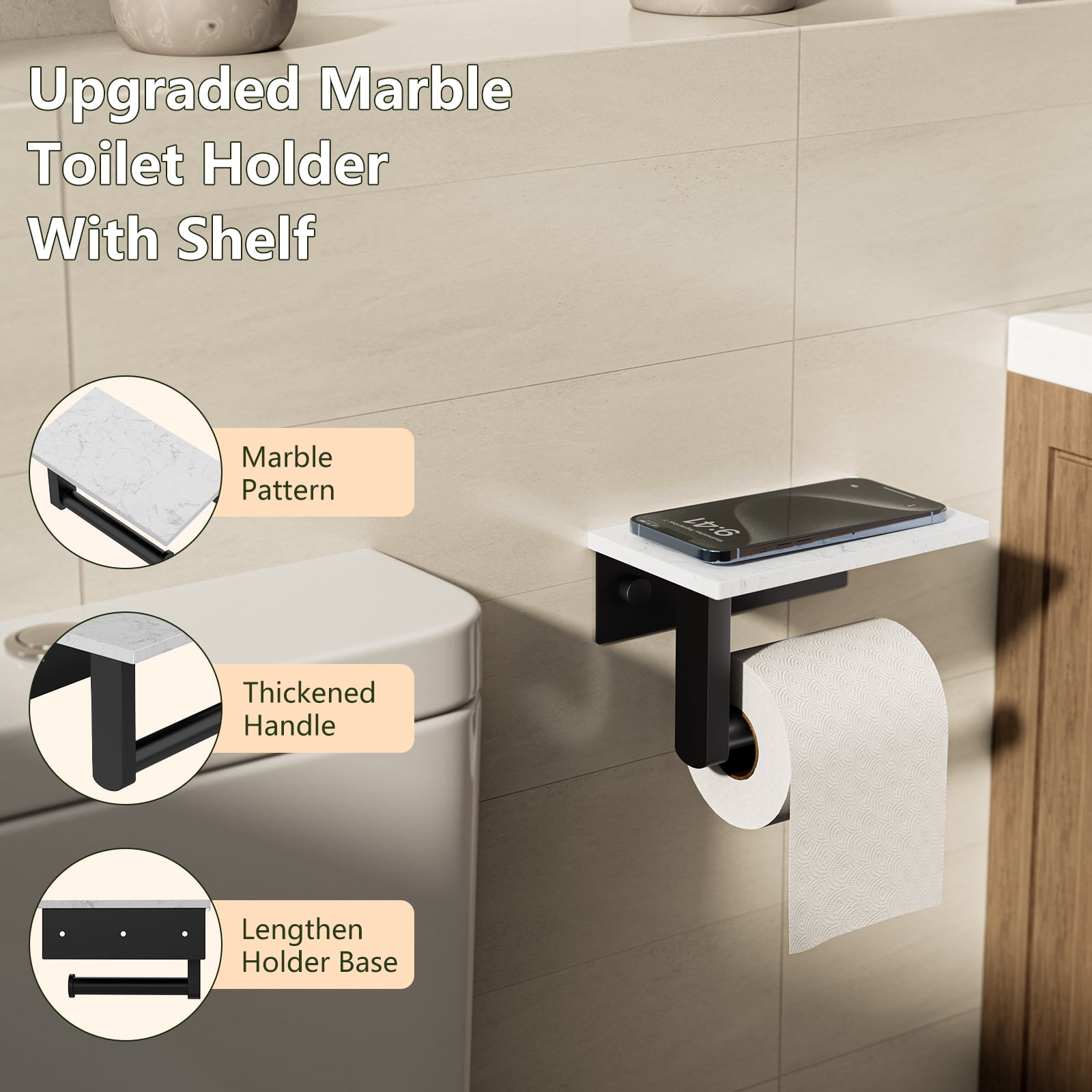 Wall Mount Toilet Paper Holder With Natural Marble Shelf Tissue Storage Holder In Matte Black