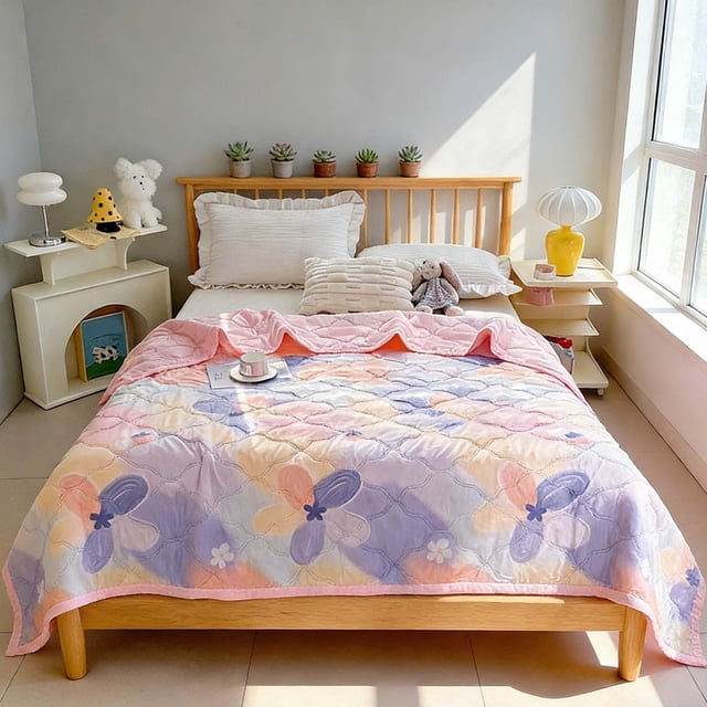 Linnome Washed Cotton Summer Quilt Colorful Floral Print Soft Breathable for Air Conditioning Nap 59x78.7in Multicolor#02