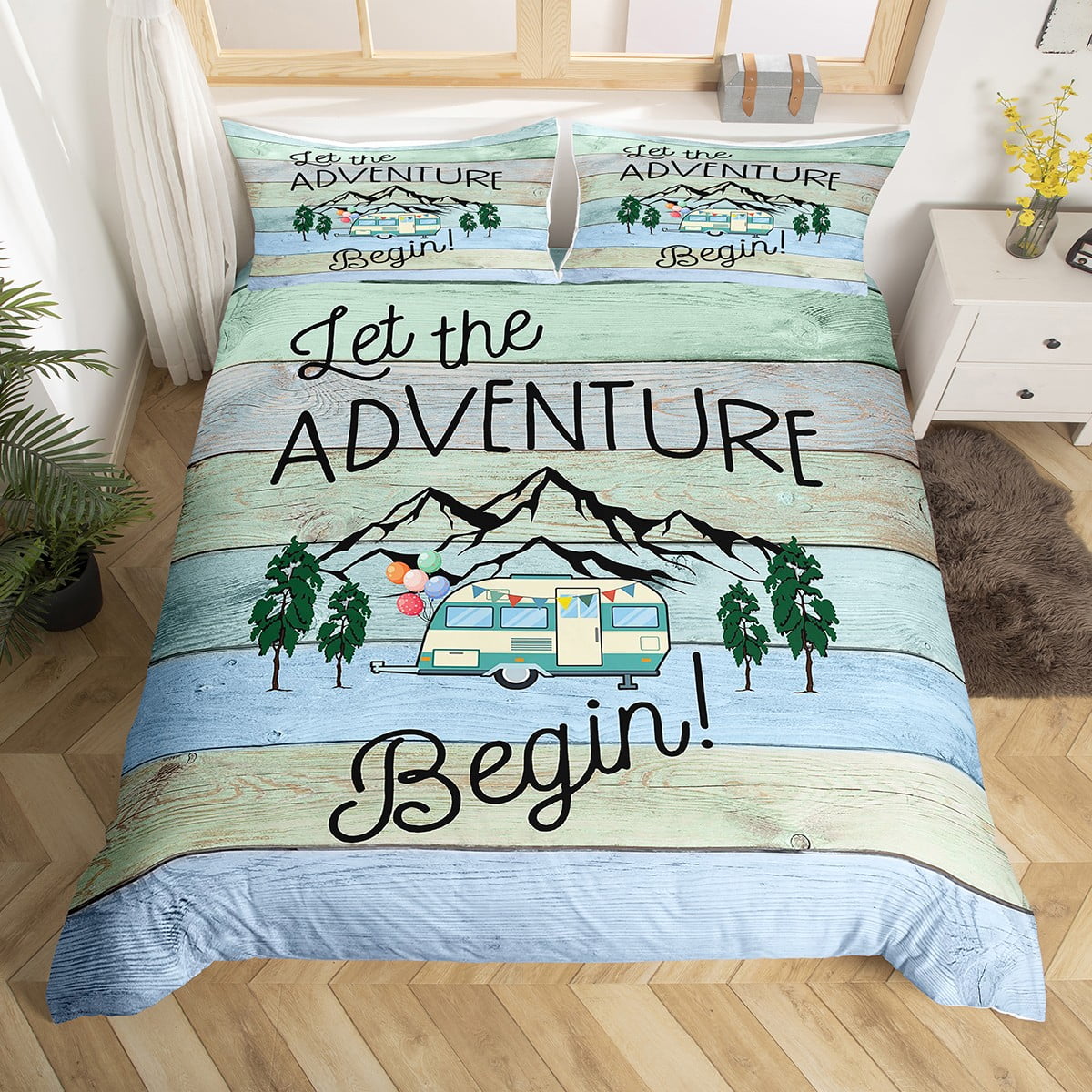 Rustic Farmhouse Queen Duvet Cover Kids Camping Themed Bedding, Happy