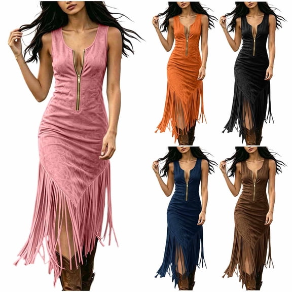 Purcolt Women's Vintage Boho Midi Dresses Dressy Casual Crew Neck Sleeveless Shirt Dresses Comfort Trendy Fringe Hem Slim Fit Dresses