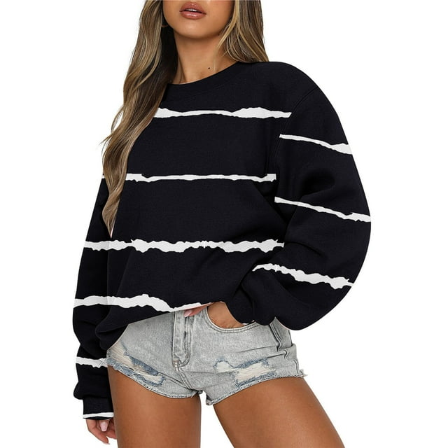 TIMIFIS Chandail Rayé Noir pour Femmes Manches Longues Décontracté Automne Hiver Mode Col Rond