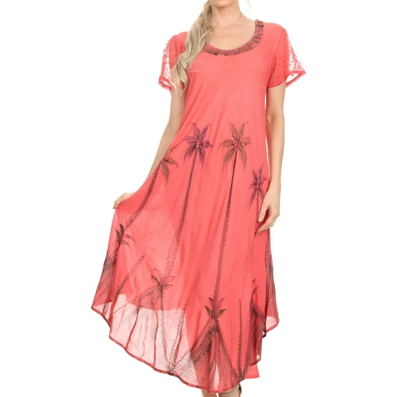 Sakkas Watercolor Palm Tree Tank Caftan Dress - Coral - One Size