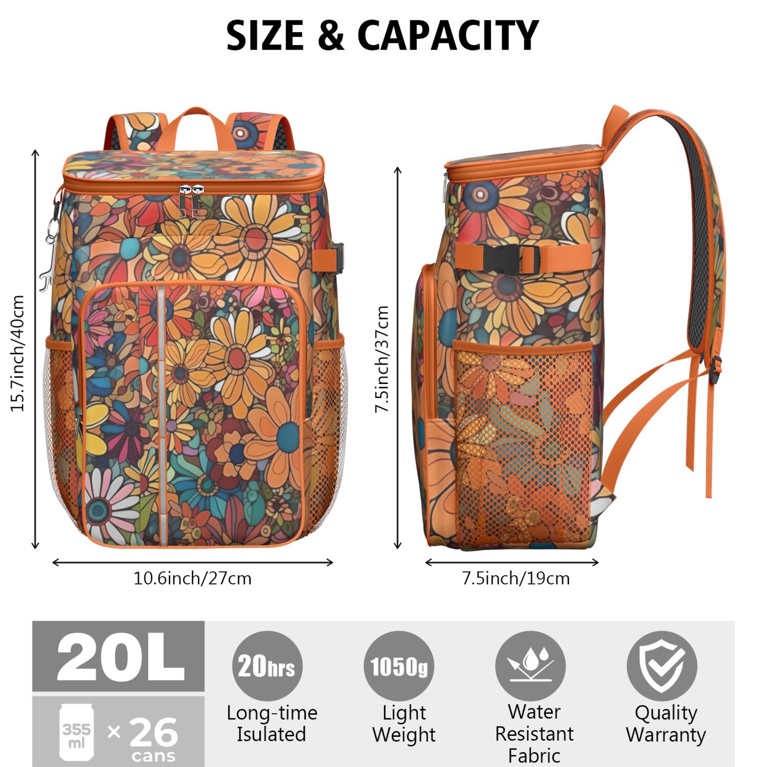 Travel Cooler Bag - Pioneer Flower Floral Print Pattern Camping Beer Cooler Backpack with Bottle Opener- Waterproof Insulated Picnic Backpacks - Cooler Bag for Beach