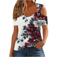 thumbnail image 2 of HomeDM Women's Cold Shoulder Shirts V Neck Short Sleeve T-Shirts Casual Loose Fit Floral Hollow Out Casual Tee Shirts S-2XL, 2 of 7