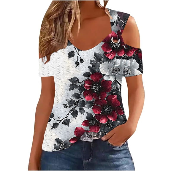 Royisotas Short Sleeve Plus Size Tops for Women Summer Wine Casual Shirts Cut-Out V-Neck Off Shoulder Floral Gaphic Tshirt for Women