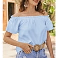 thumbnail image 2 of Blusa de manga corta con volantes y dobladillo con volantes para mujer Camisa con hombros descubiertos de color puro de verano, 2 of 8
