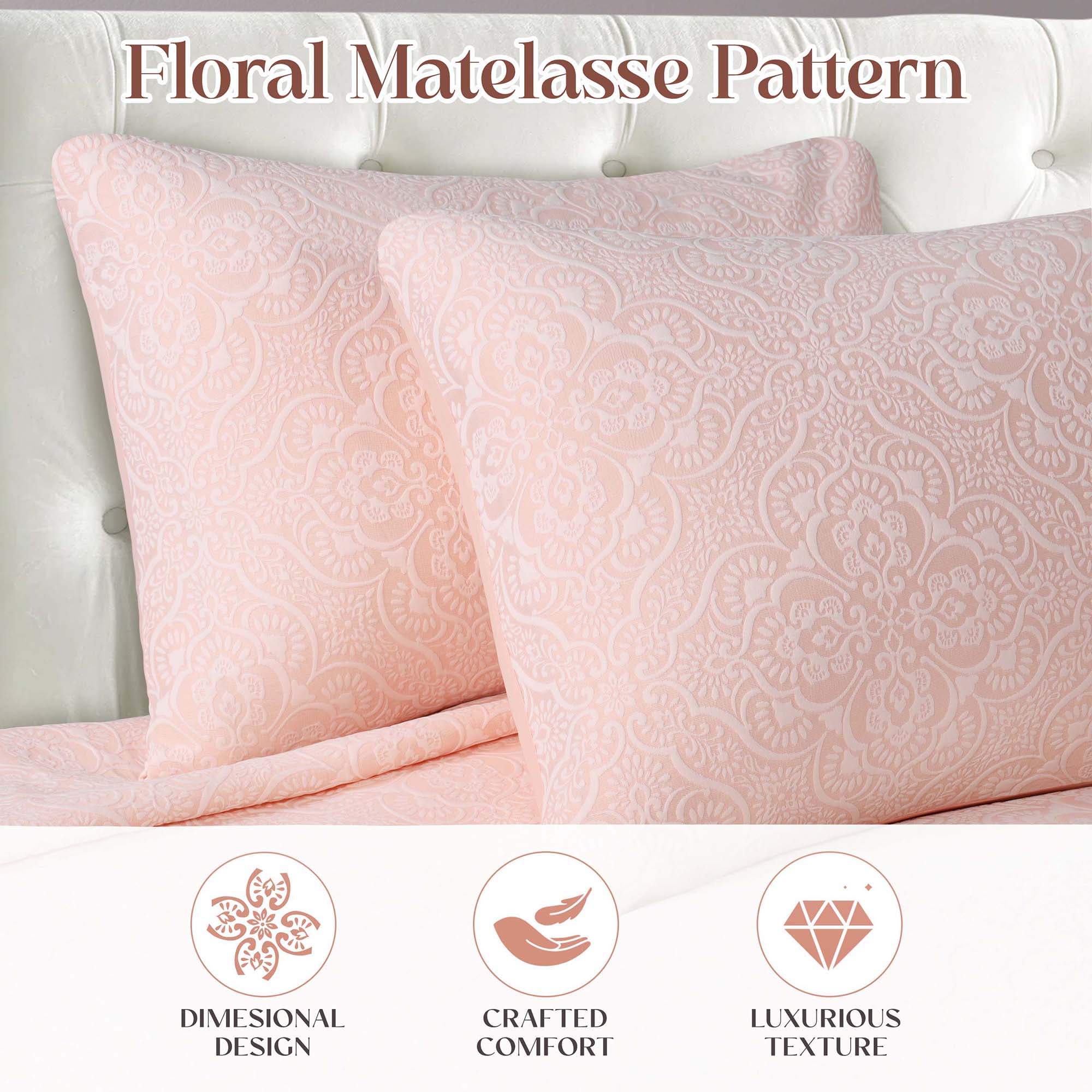 Superior Enzy Floral Matelasse Bedspread and Sham Set, 3-Piece Soft Textured Jacquard Bedspreads, California King, Peach