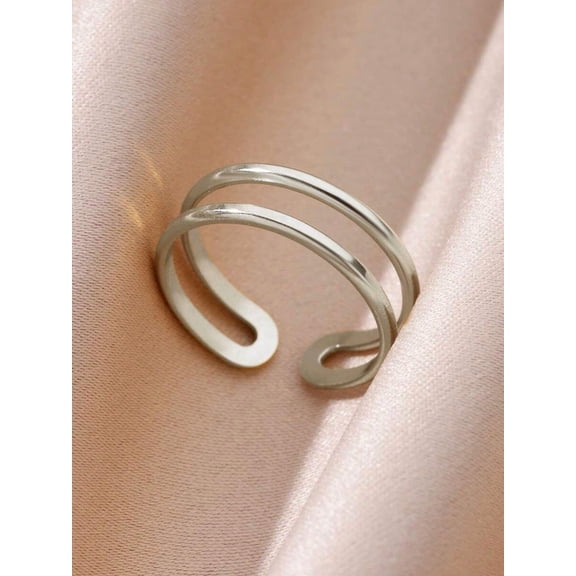 Silver Minimalist Double Layered Open Adjustable Ring For Women Stainless Steel Fashion Jewelry