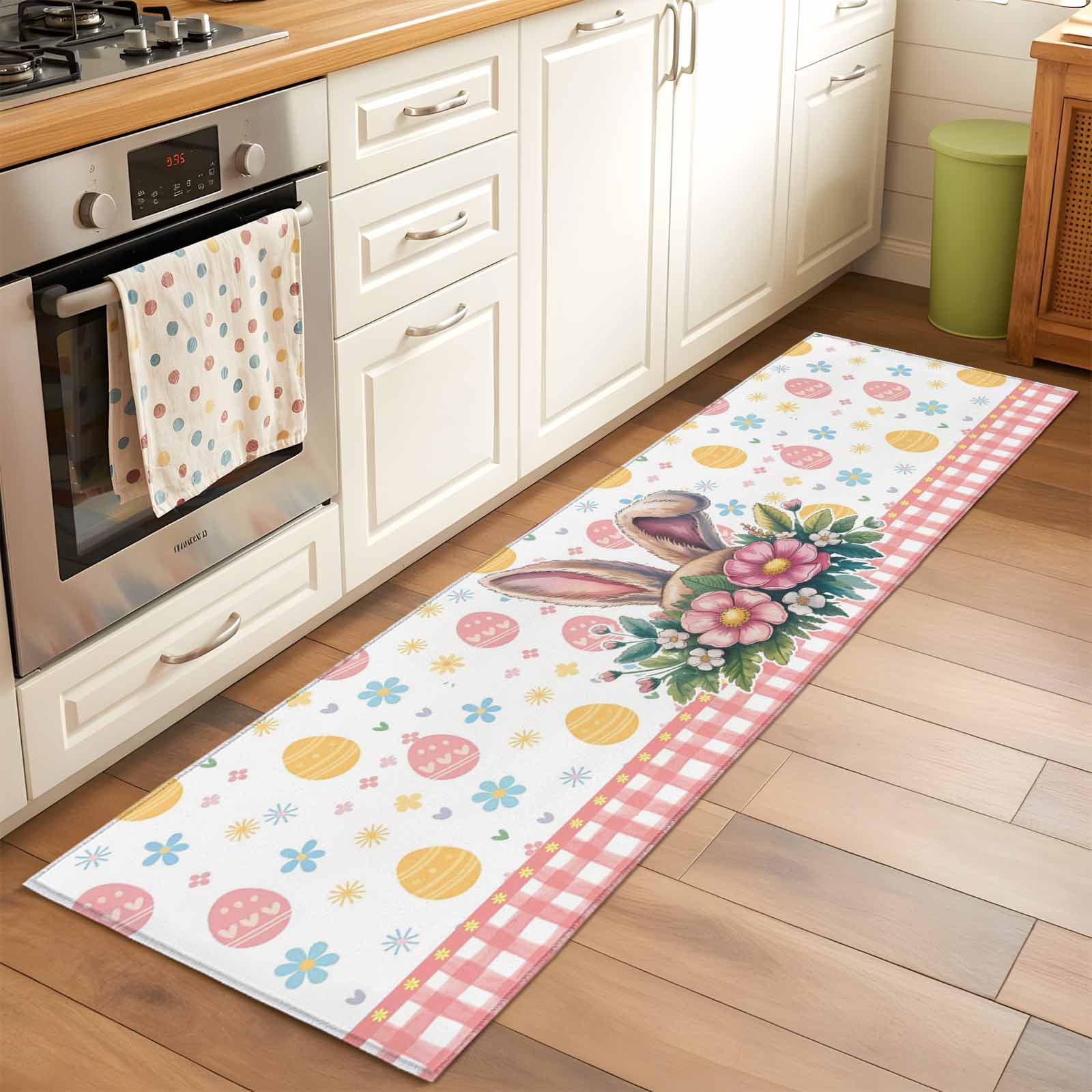 Easter 2'x6' Runner Rugs for Hallway Kitchen Bedside Non Slip Washable, Spring Floral Eggs Pink Checkered Pastoral Entryway Rug Runners with Rubber Backing, Long Carpet Runner for Laundry Room