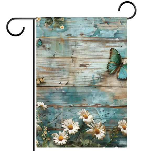 Teal Daisy Floral Flowers and Butterfly on Country Wooden Welcome Garden Flags, 12 x 18 Inch Double Sided Outdoor Yard Flags Waterproof For Home Outside Patio Lawn Porch