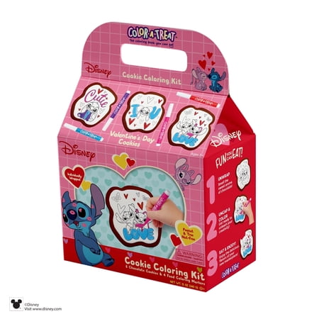 Stitch Valentines Cookie Coloring Kit by Color-a-Treat, 12oz, Includes 6 Baked Chocolate Cookies and 4 Food Coloring Markers