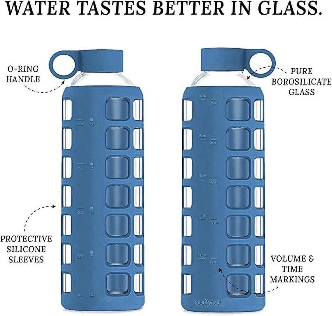 purifyou 40/32/22/12 oz Borosilicate Glass Water Bottles with Volume & Times to Drink, Silicone Sleeve & Stainless Steel Lid Insert, Reusable Bottle for Fridge Water, Juice (40oz Chinese Porcelain)