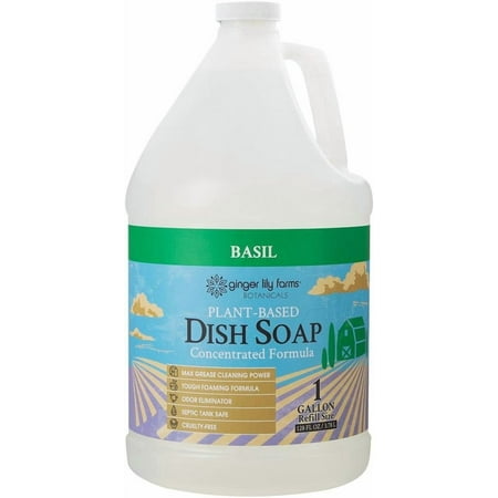 Ginger Lily Farms Botanicals Plant-Based Liquid Dish Soap, Concentrated Formula with Max Grease Cleaning Power, Cruelty-Free, Basil Scent, 1 Gallon Refill (128 Fl. Oz.)