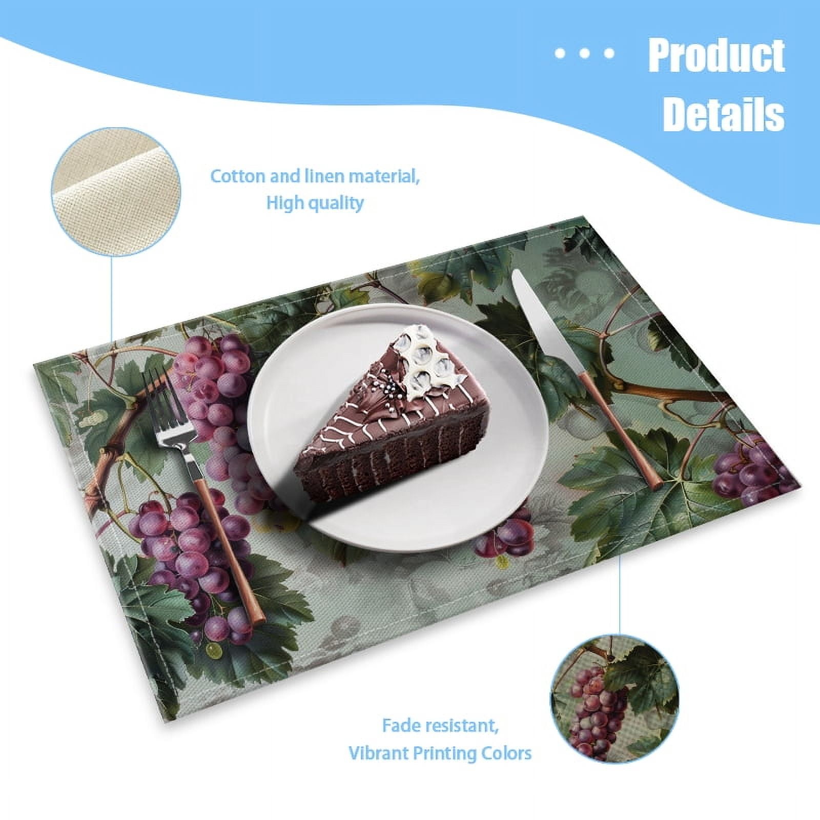 BaHomeck placemats Set of 4 Detailed Botanical Of Grapes With Leaves And Branches Cotton Linen rectangle Placemats for Kitchen Dining Table Indoor,Outdoor,18*12inch
