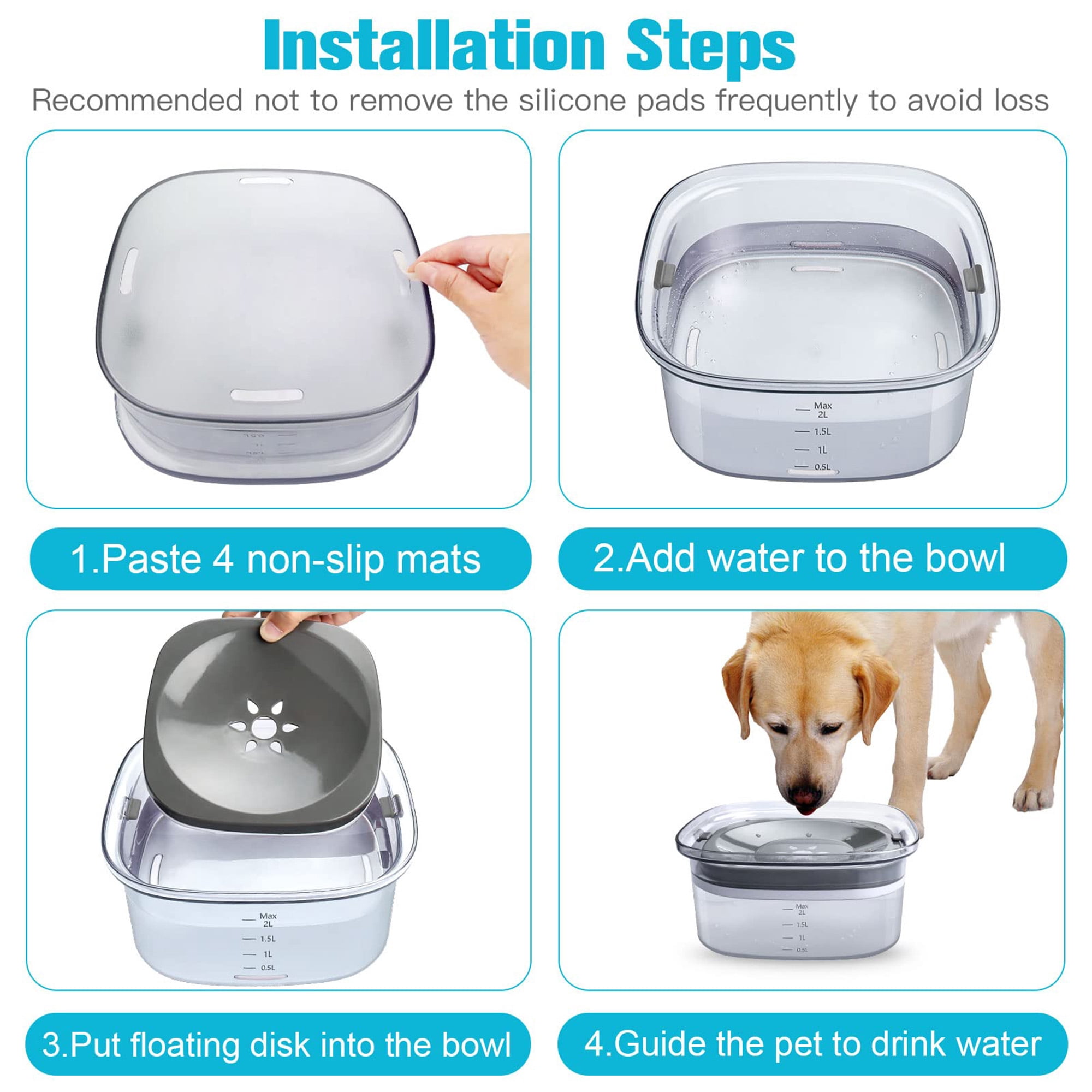 Large 70oz No Spill Dog Water Bowl, 2L Spill Proof Slow Feeder Pet Bowl with Floating Disk, Trael Friendly Slip Design for Messy Drinkers, Car Use, Multi Pet Homes, Gray