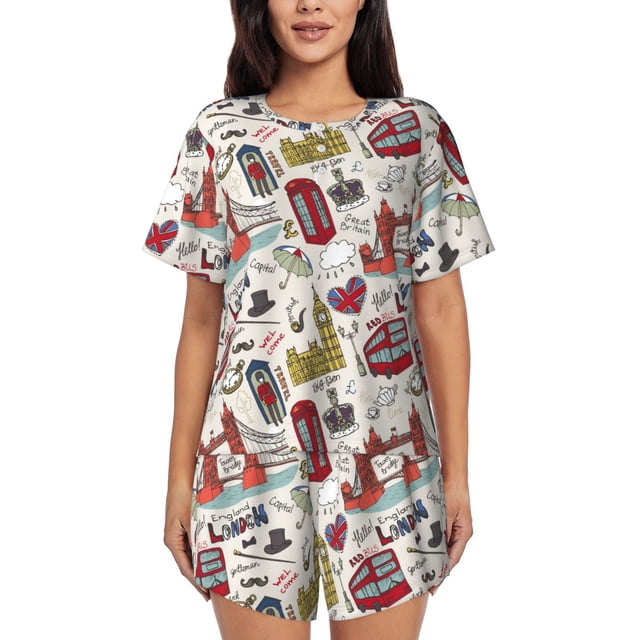 Balery London Landmark1 Conjunto de Pijama para Mujer con Estampado, Dos Piezas de Manga Corta y Shorts, Ropa de Dormir Suave con Cuello Redondo y Bolsillos-X-Large