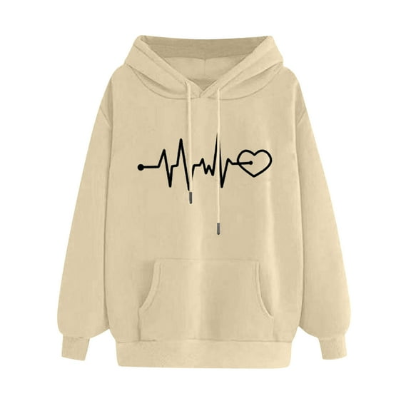 LEAVINGSUO Hooded Sweaters for Women,Women's Comfortable Sweater Heart Pattern Printed Women's Hooded Pocket Drawstring Sweater