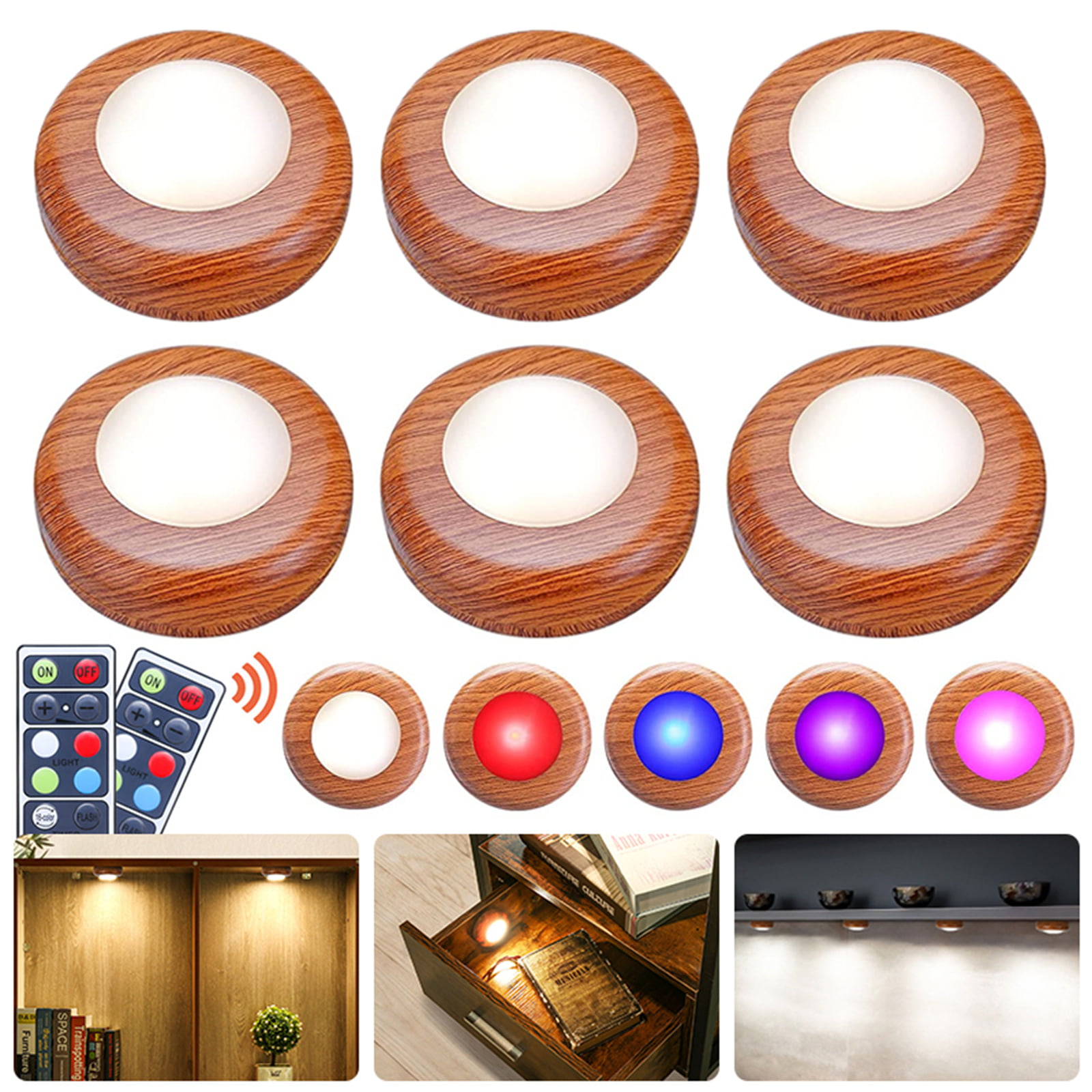 6 Pack Under Cabinet Lights Elfeland RGB Wireless LED Puck Lights Closet Lights 4000K Dimmable Battery Powered Remote Control Atmosphere Night Light Ideal for Cupboard Kitchen Wardrobe Color Changing