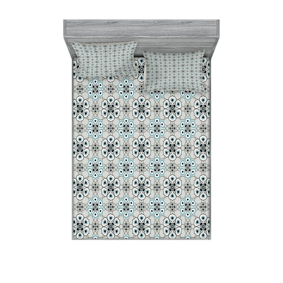 Ambesonne Geometric Fitted Sheet & Pillow Sham Set, Floral Leaf Petals, Queen, Pale Grey Blue
