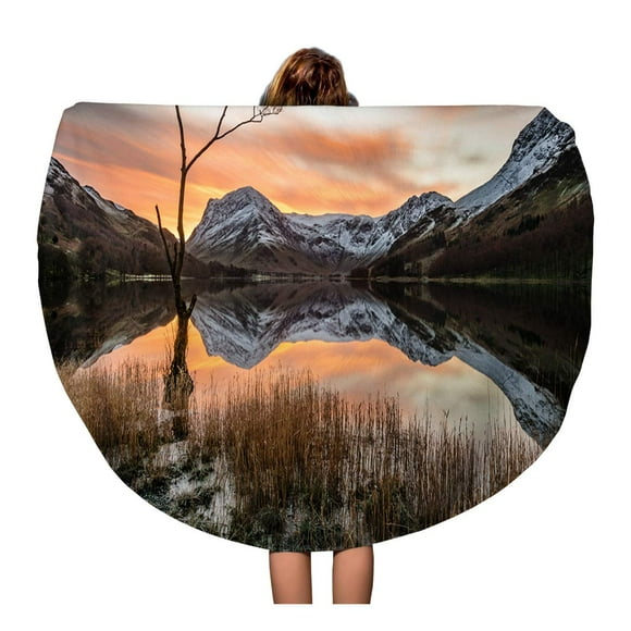SIDONKU 60 inch Round Beach Towel Blanket Vibrant Orange Sunrise Moving Clouds and Snowcapped Mountains Reflecting Travel Circle Circular Towels Mat Tapestry Beach Throw