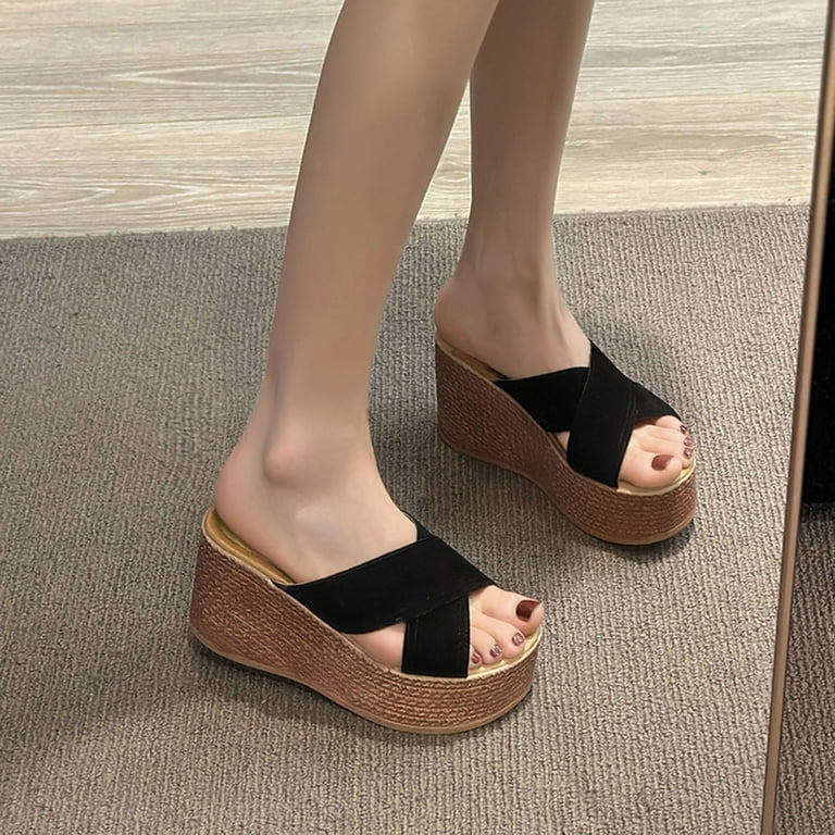 Ehqjnj Female Black Wedges for Women Dressy for Wedding Women s Fashion Leather Platform Wedge Sandals for Outdoor Beach Sandals Wedge Flip Flops for