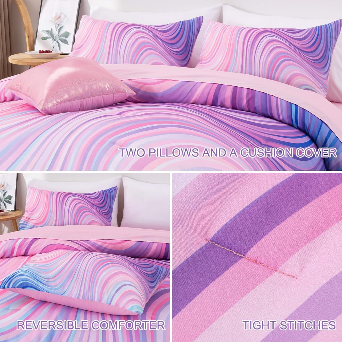 6 Pieces Gradient Star Ring Comforter Set, Colorful Glitter Rainbow Wave Stripes Pattern Bedding Set for Boys Girls Teens, Twin Drak Purple