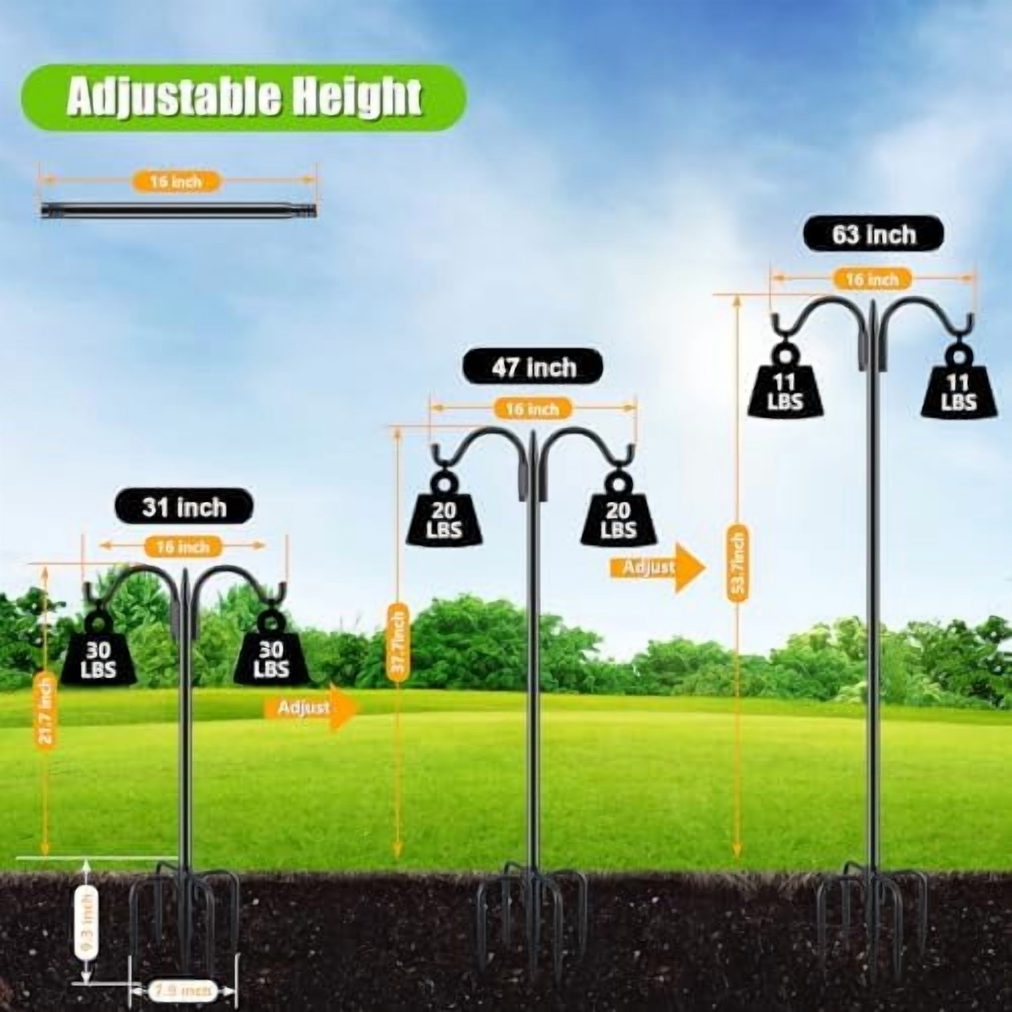 Double Shepherds Hook for Outdoor, 63 Inch Heavy Duty Bird Feeder Pole 5/8 Inch Thick Garden Hooks for Hanging Hummingbird Feeder, Plant Baskets, Solar Light Lanterns, 1 Pack